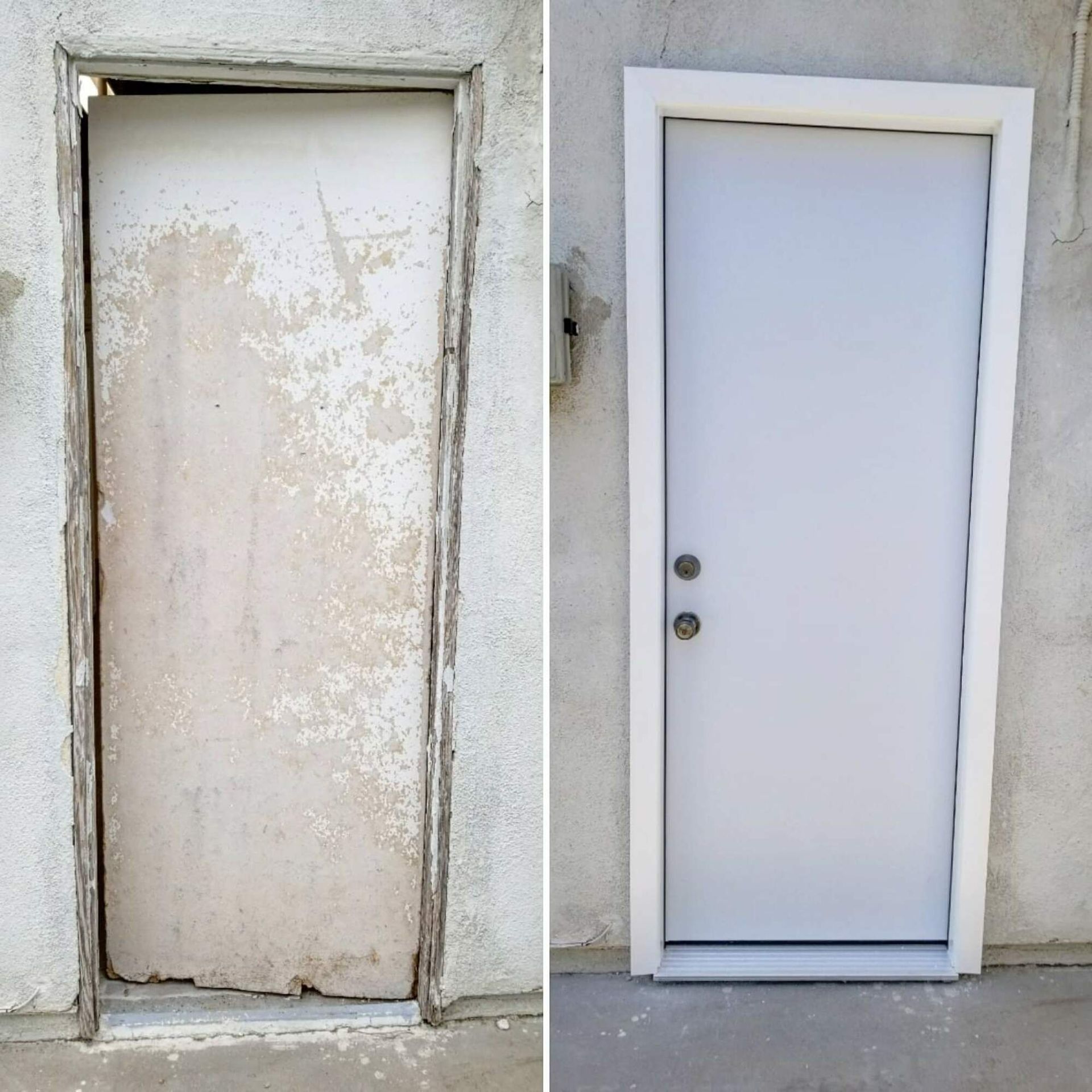 A before and after picture of a white door