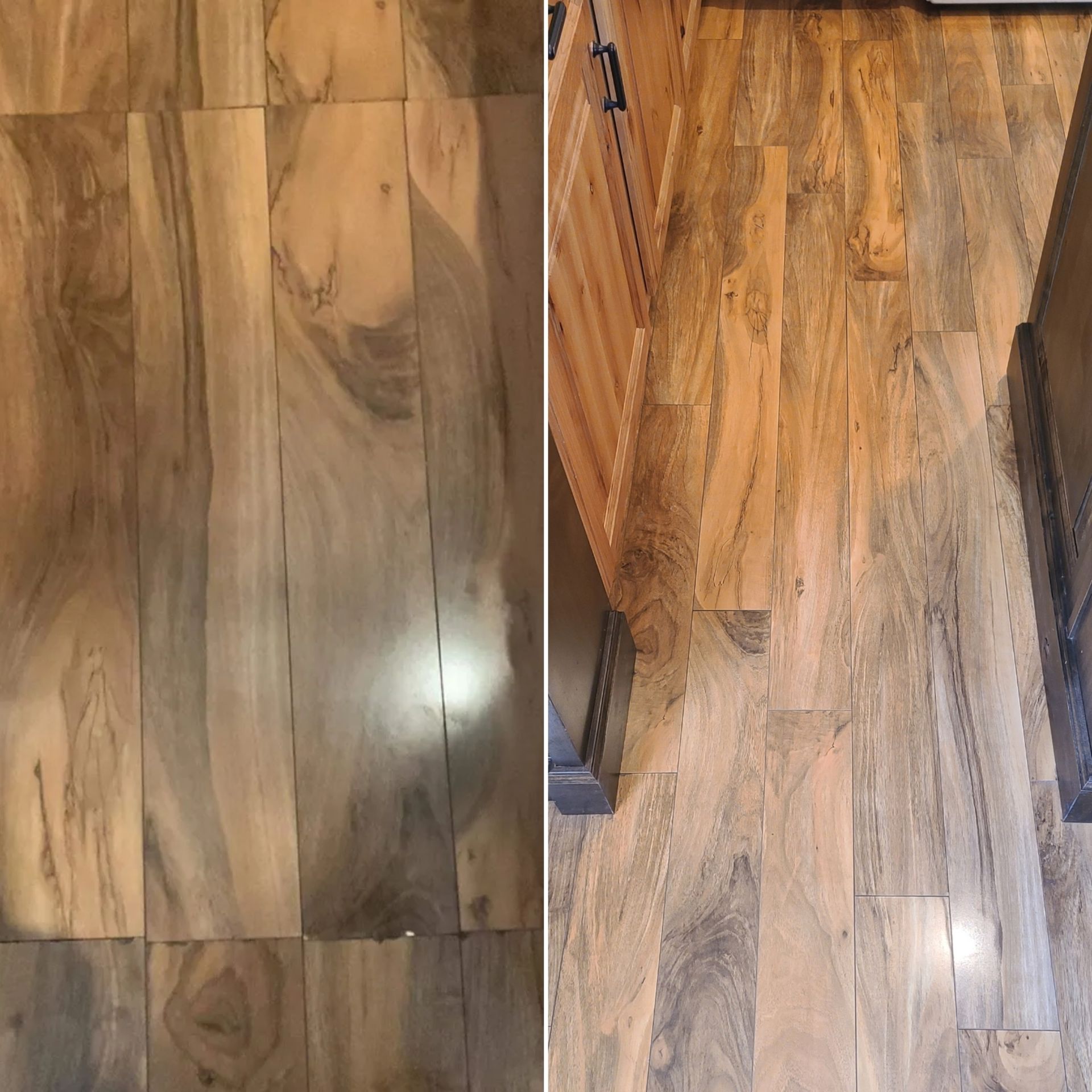 A before and after photo of a wooden floor in a kitchen.