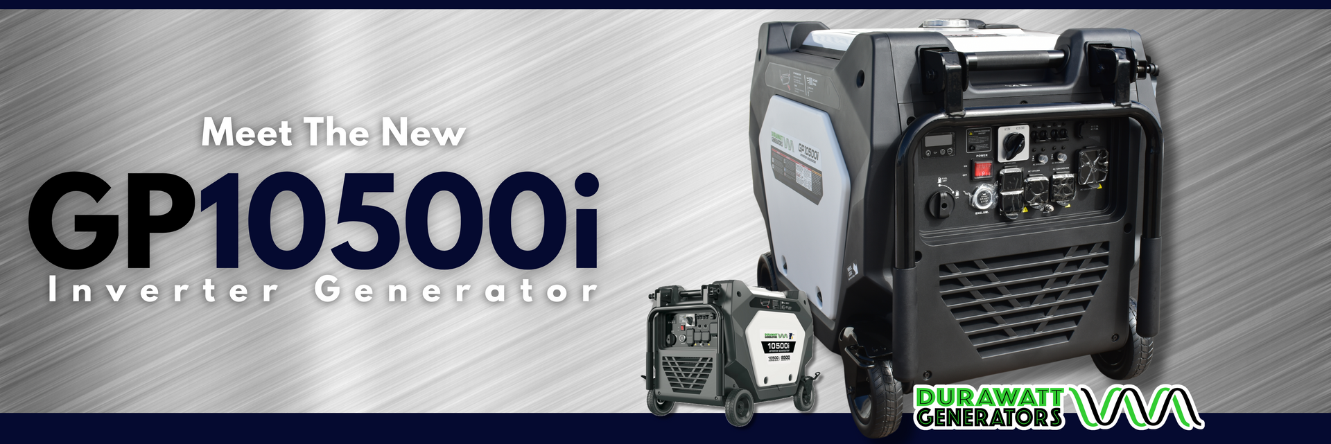 Gray, white and blue graphic with DuraWatt logo and generators. 