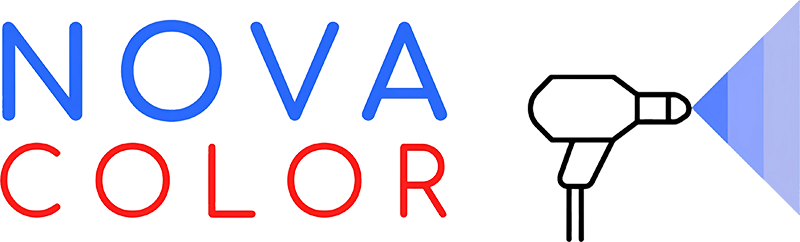 Un logo per Nova Color con l'immagine di un asciugacapelli.