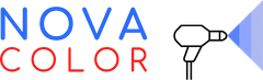 Un logo per Nova Color con l'immagine di un asciugacapelli.