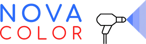 Un logo per Nova Color con l'immagine di un asciugacapelli.
