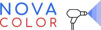 Un logo per Nova Color con l'immagine di un asciugacapelli.