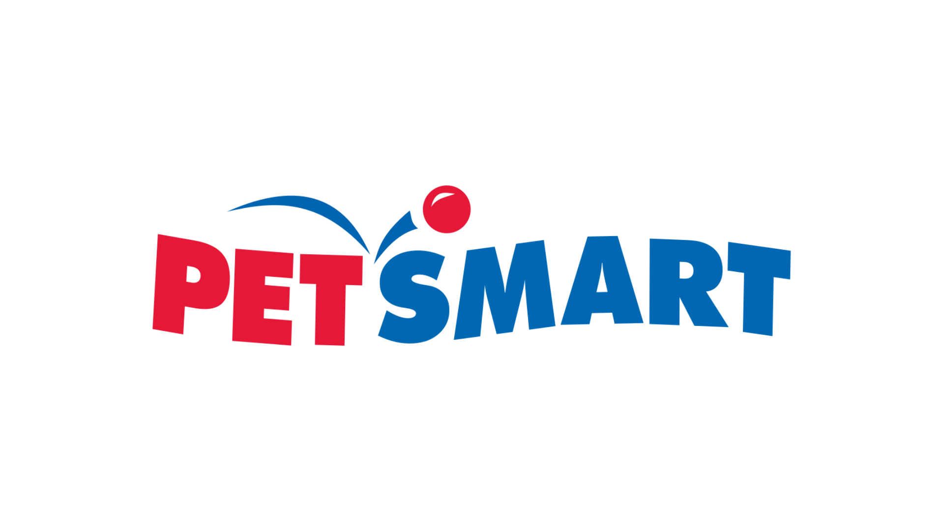 The logo for petsmart is red , blue , and white.