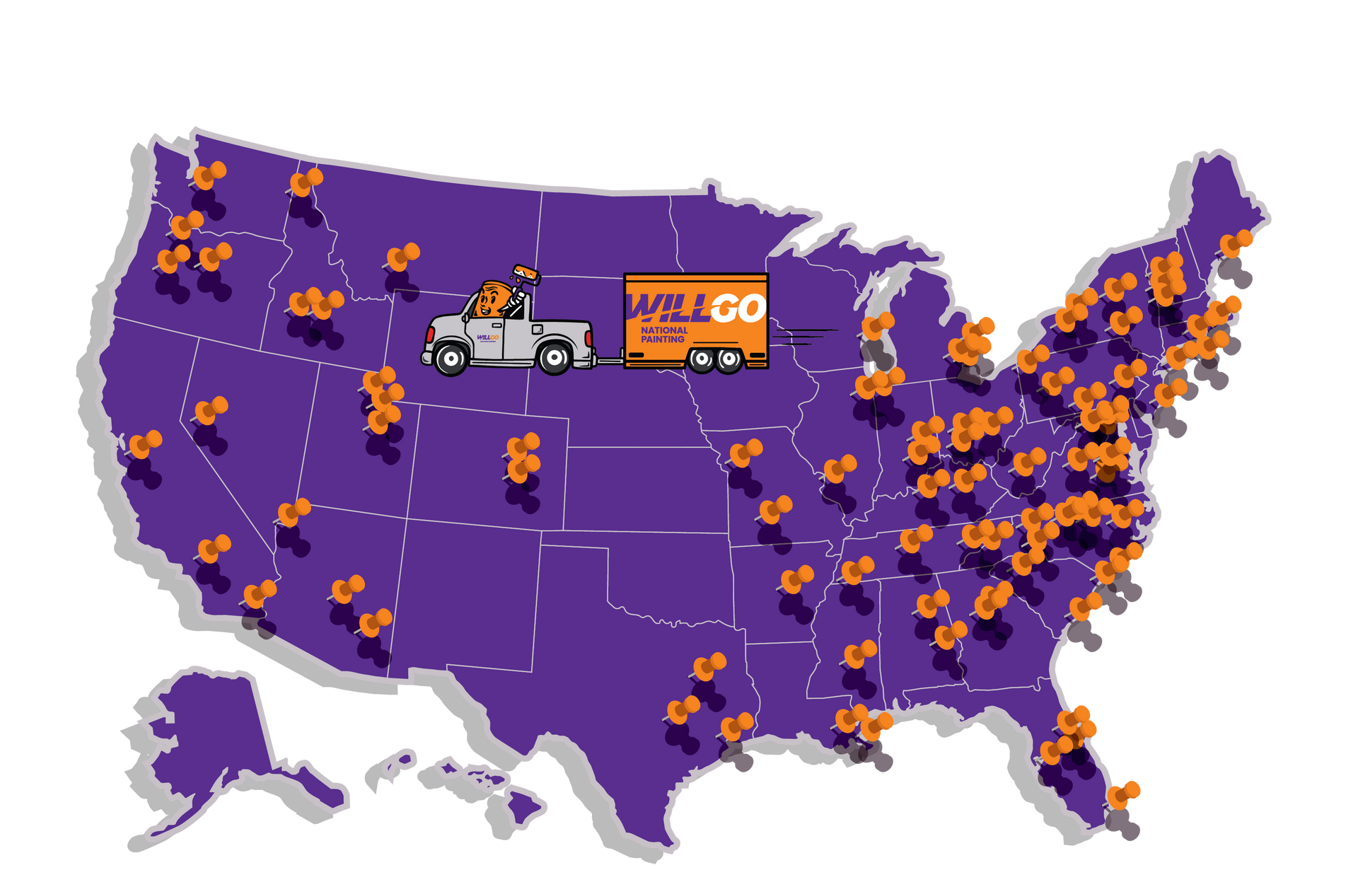 A map of the united states with a WillGo National Painting truck on it