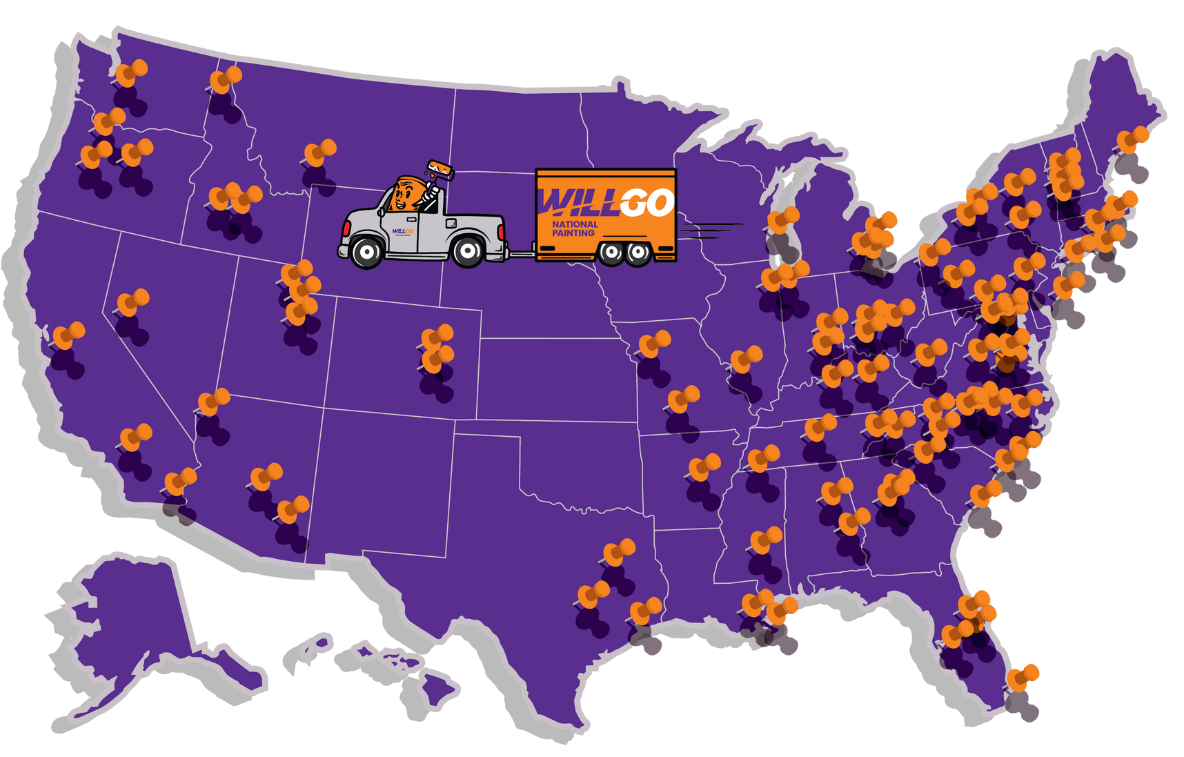 A map of the united states with a WillGo National Painting truck on it