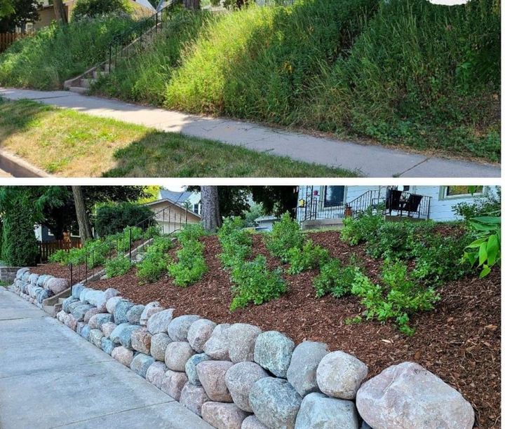 A before and after picture of a rock wall in front of a house.