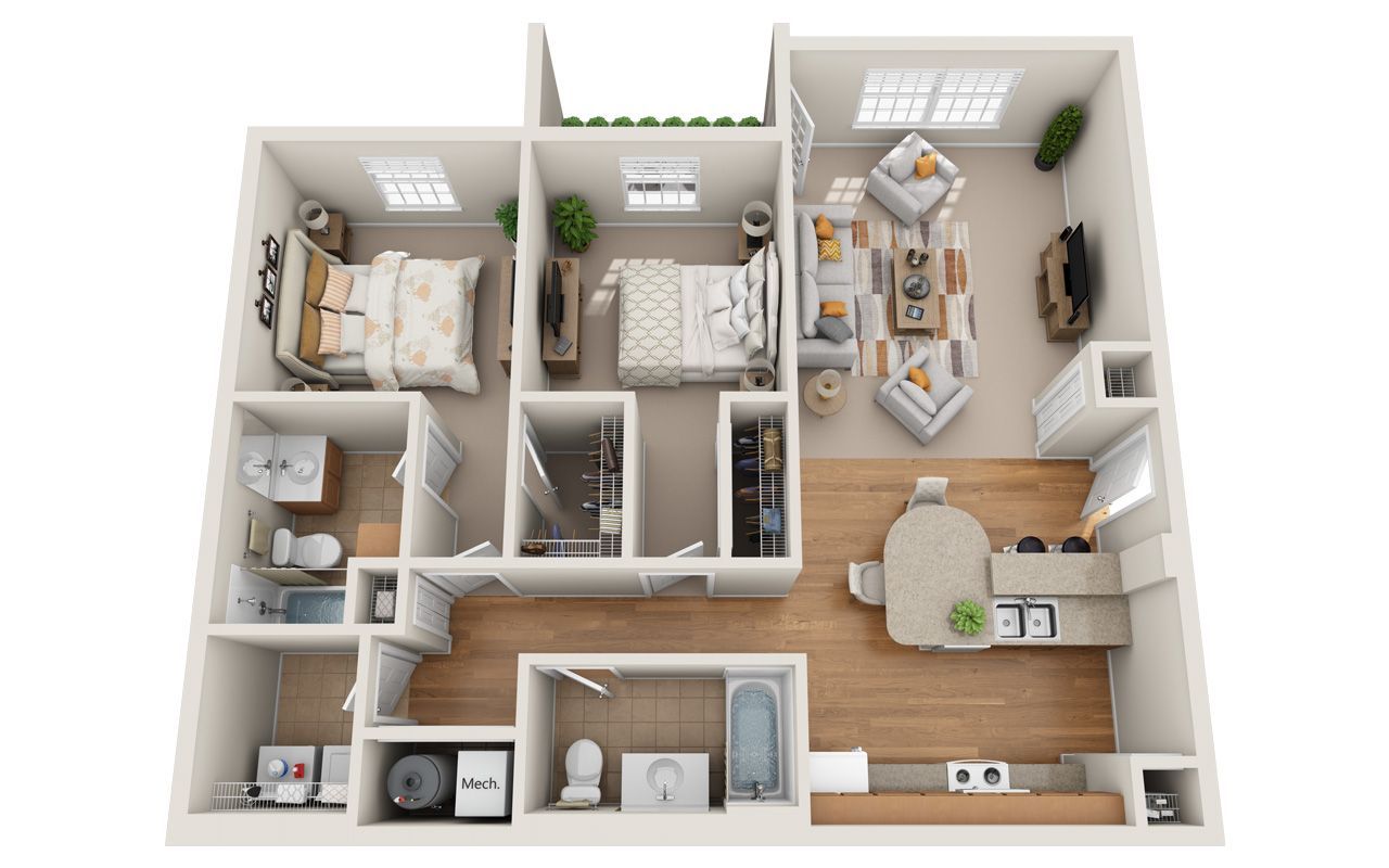 2 Bed 2 Bath Floor Plan with Carpet and Wood Flooring