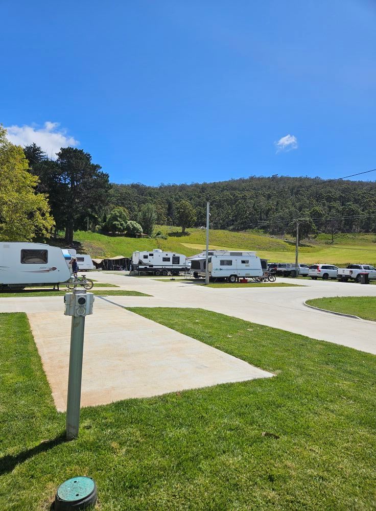 A group of rvs are parked in a grassy area.