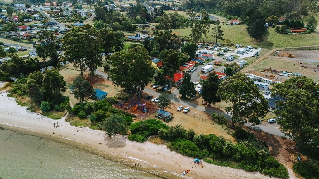 An aerial view of a beach with a lot of trees