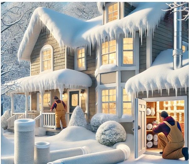 A man kneeling in front of a snow covered house