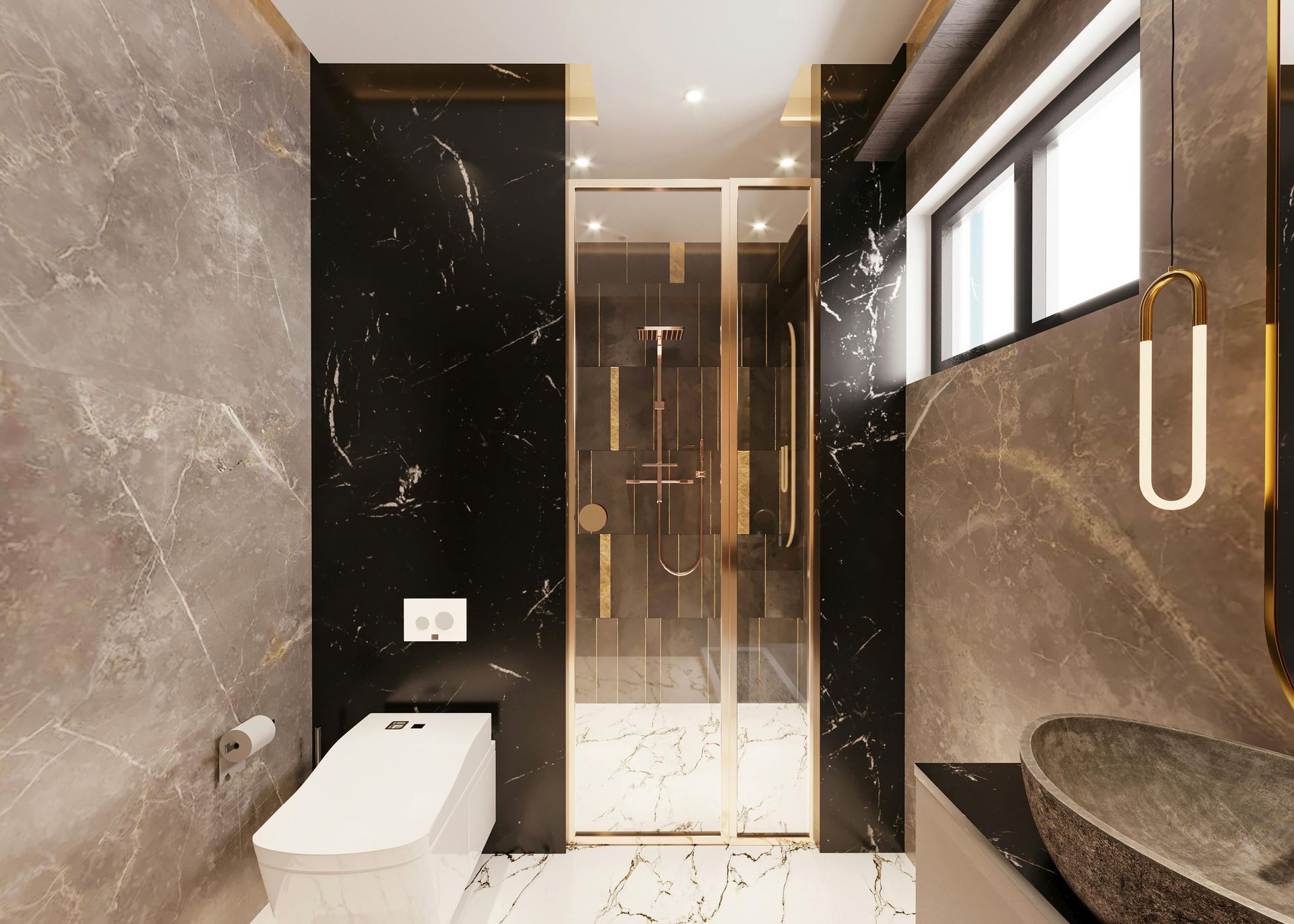 High-end bathroom remodel featuring a walk-in glass shower, marble tile walls, floating vanity