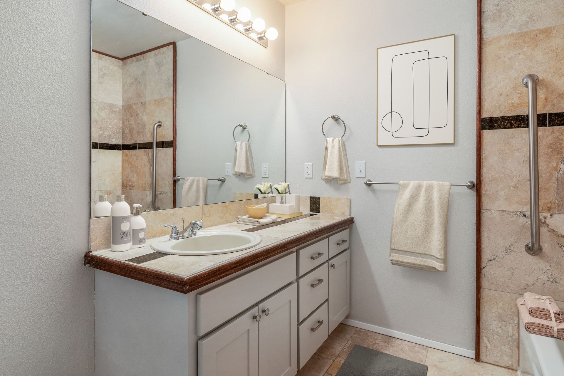 Photo showing the bathroom with a large vanity mirror, and a shower handle for easier access.