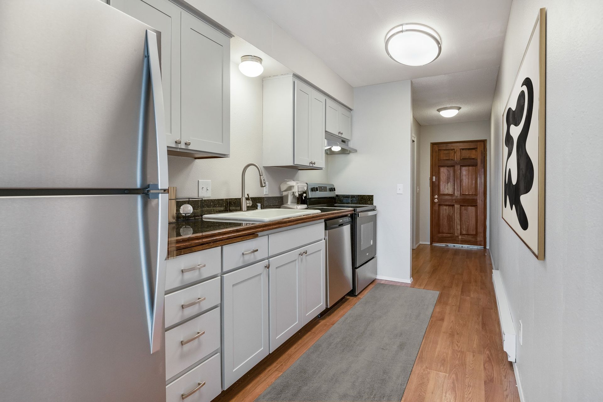 Photo showing a long kitchen