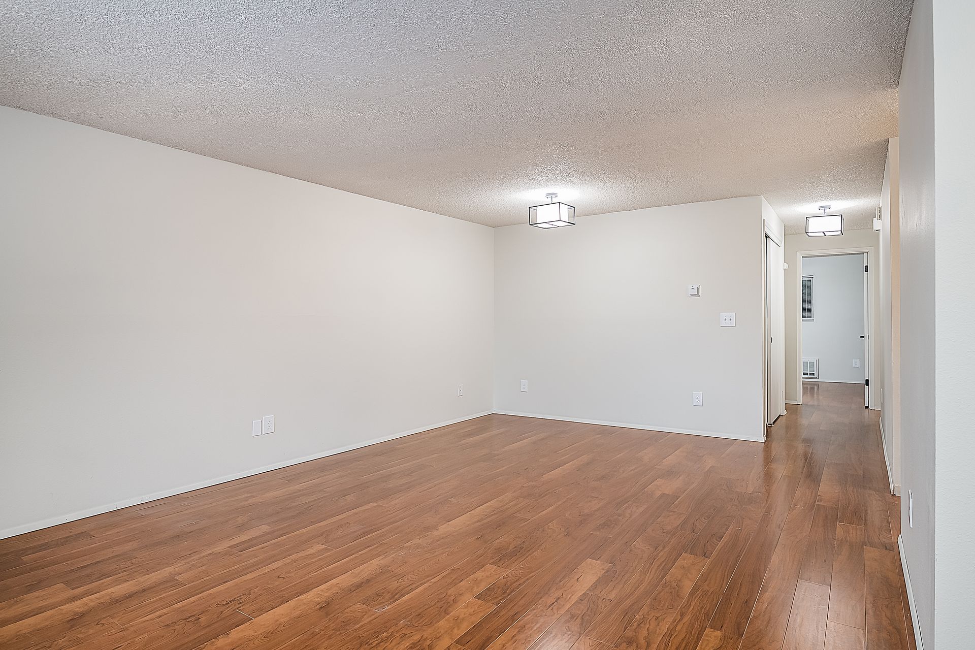 Photo showing the living room length from an alternate angle, with hallway in the background