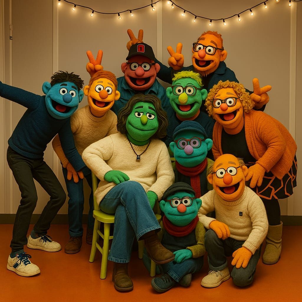 Een groep kleurrijke poppen poseert binnenshuis, sommige maken een vredesteken.