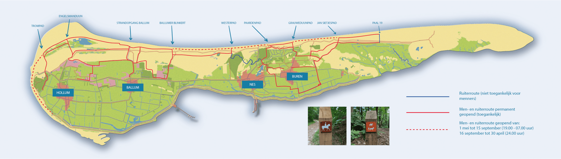Link naar ruiterroutes op de website van AMRV. Kaart met ruiterroutes op Ameland voor ruiters en menners.