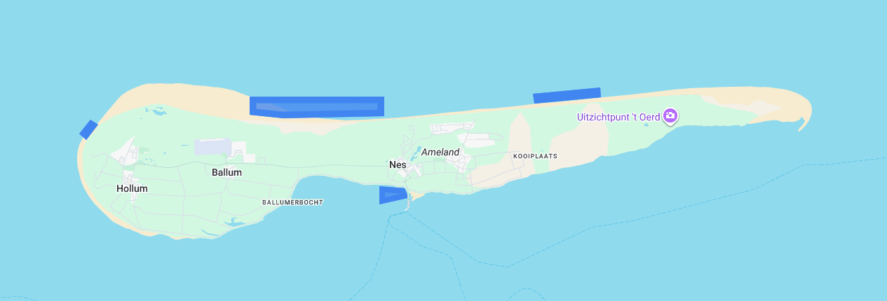 Link naar kaart van Gemeente Ameland. Kaart zones kitesurfen, kitebuggyen, strandzeilen en blowkarten Ameland.