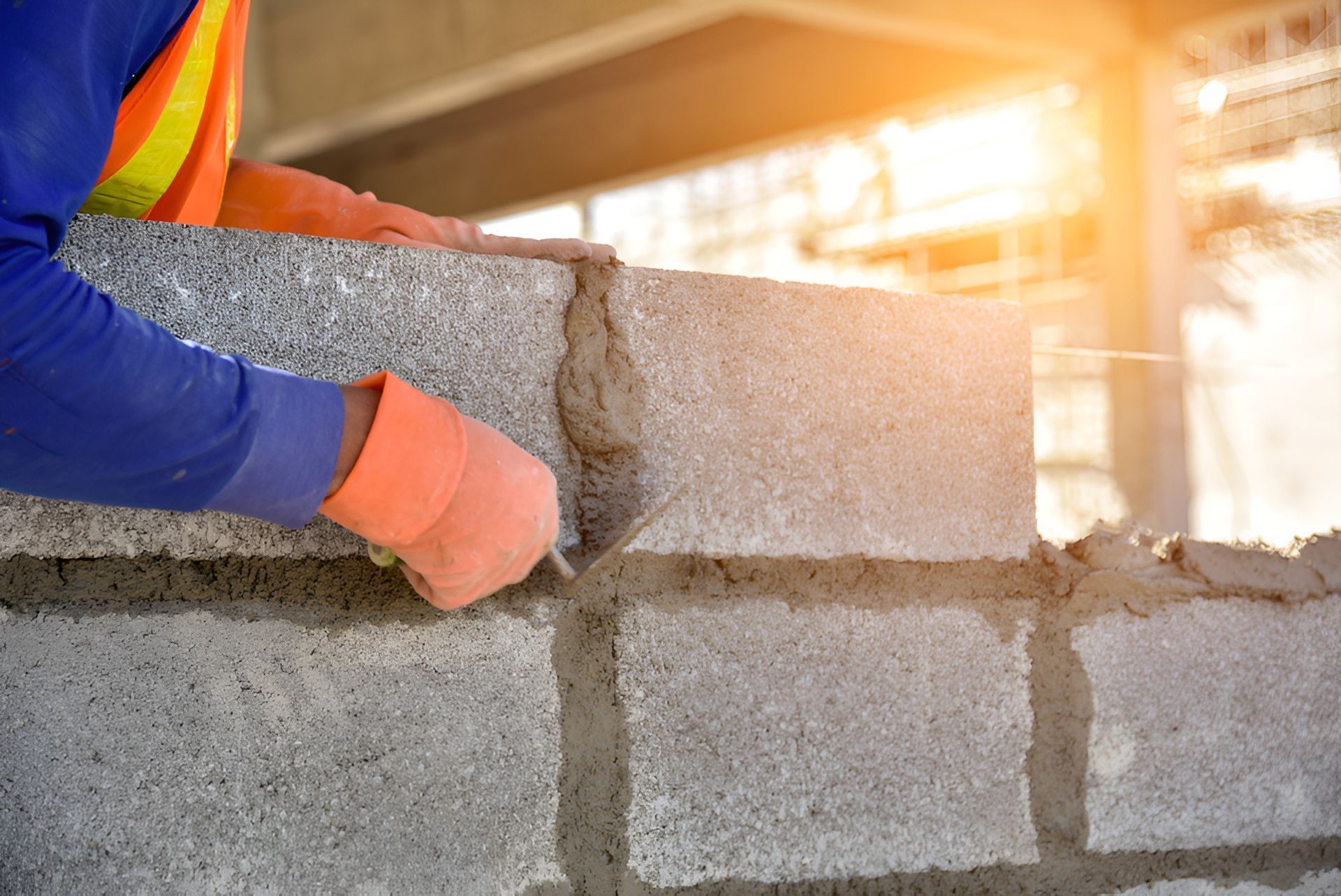 Mason using a trowel to spread mortar between gray cinder blocks, orange-gloved hand visible, construction site.