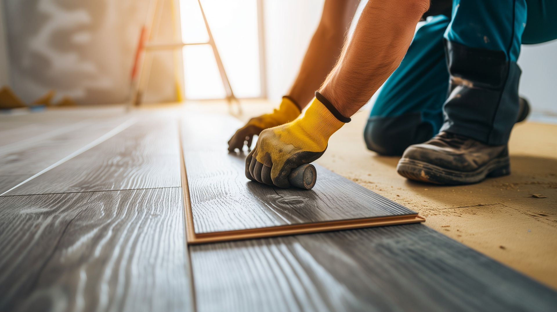 A man is installing a wooden floor in a room.