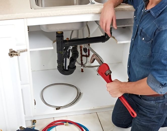 A Plumber Kneels Under a Kitchen Sink, Holding a Wrench — David Lewis Solahart in Evans Head, NSW