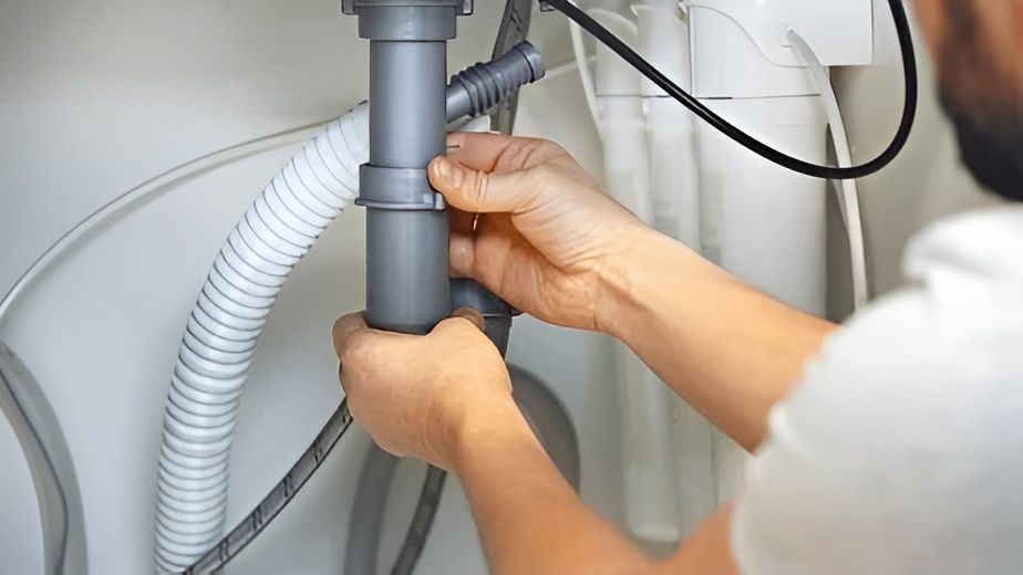 A Person's Hands Adjusting a Gray Pipe Under a Sink — David Lewis Solahart in Mullumbimby, NSW