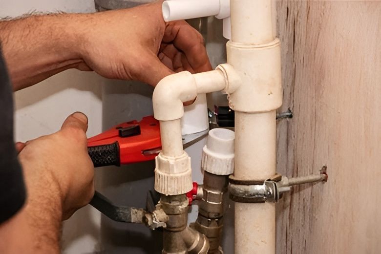 A Man With Wrench Used to Tighten a White Pvc Pipe — David Lewis Solahart in Bangalow, NSW