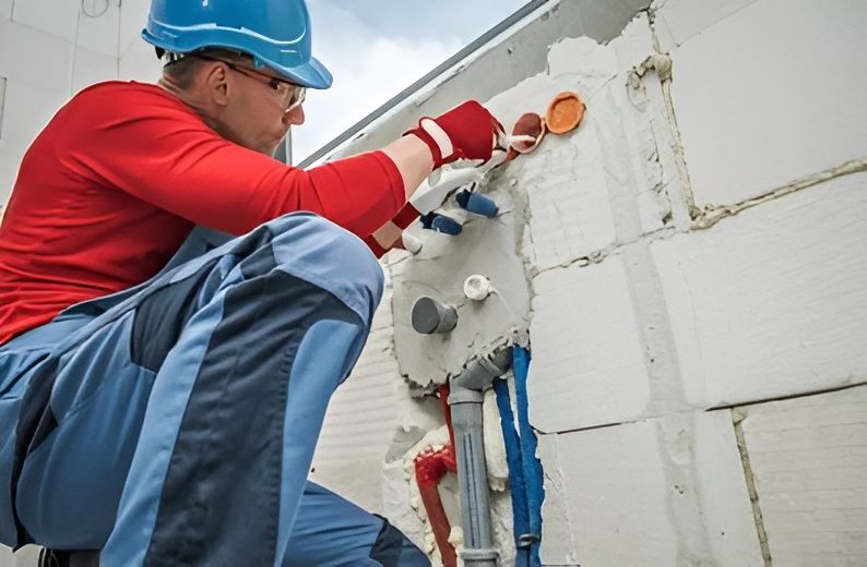 A Plumber Works on Plumbing Within a White Brick Wall — David Lewis Solahart in Kyogle, NSW