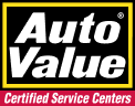 Auto Value logo with white text on a black background, framed by yellow and with red text below. | Lakeside Service Center