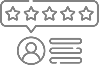 Five-star rating with speech bubble, person icon, and three lines of text. | Lakeside Service Center
