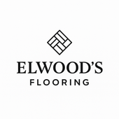 Logo for Elwood's Flooring; black text with a wood-grain diamond graphic above "Elwood's" and the word "Flooring" below.