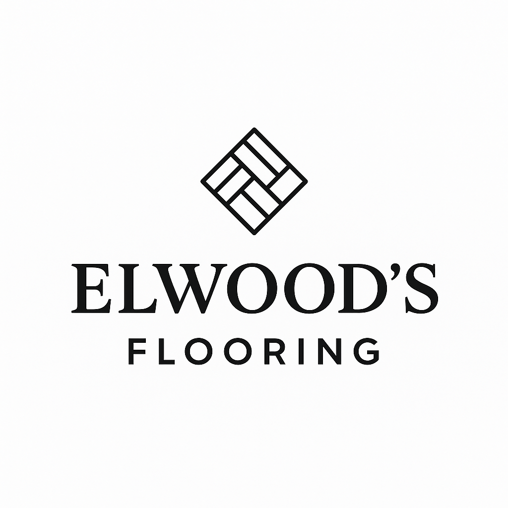 Logo for Elwood's Flooring; black text with a wood-grain diamond graphic above "Elwood's" and the word "Flooring" below.