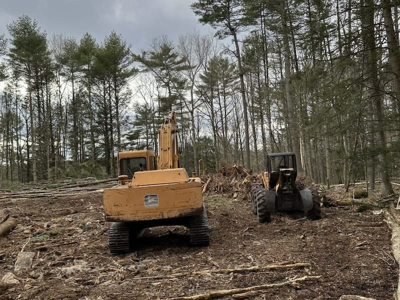 Two pieces of heavy machinery in a cleared forest area. Brown excavator and a black front-end loader. Trees in the background.