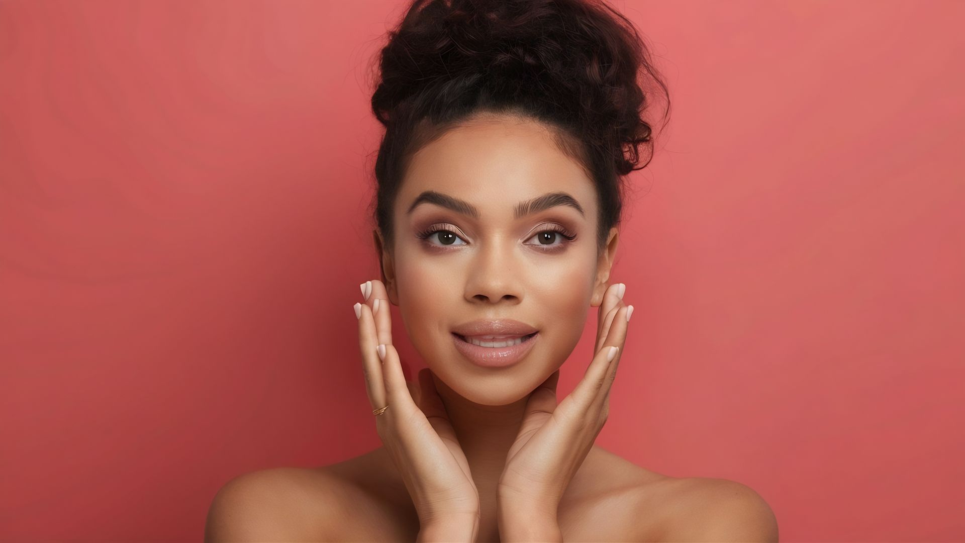 Portrait of a woman with hands framing her face against a pink background