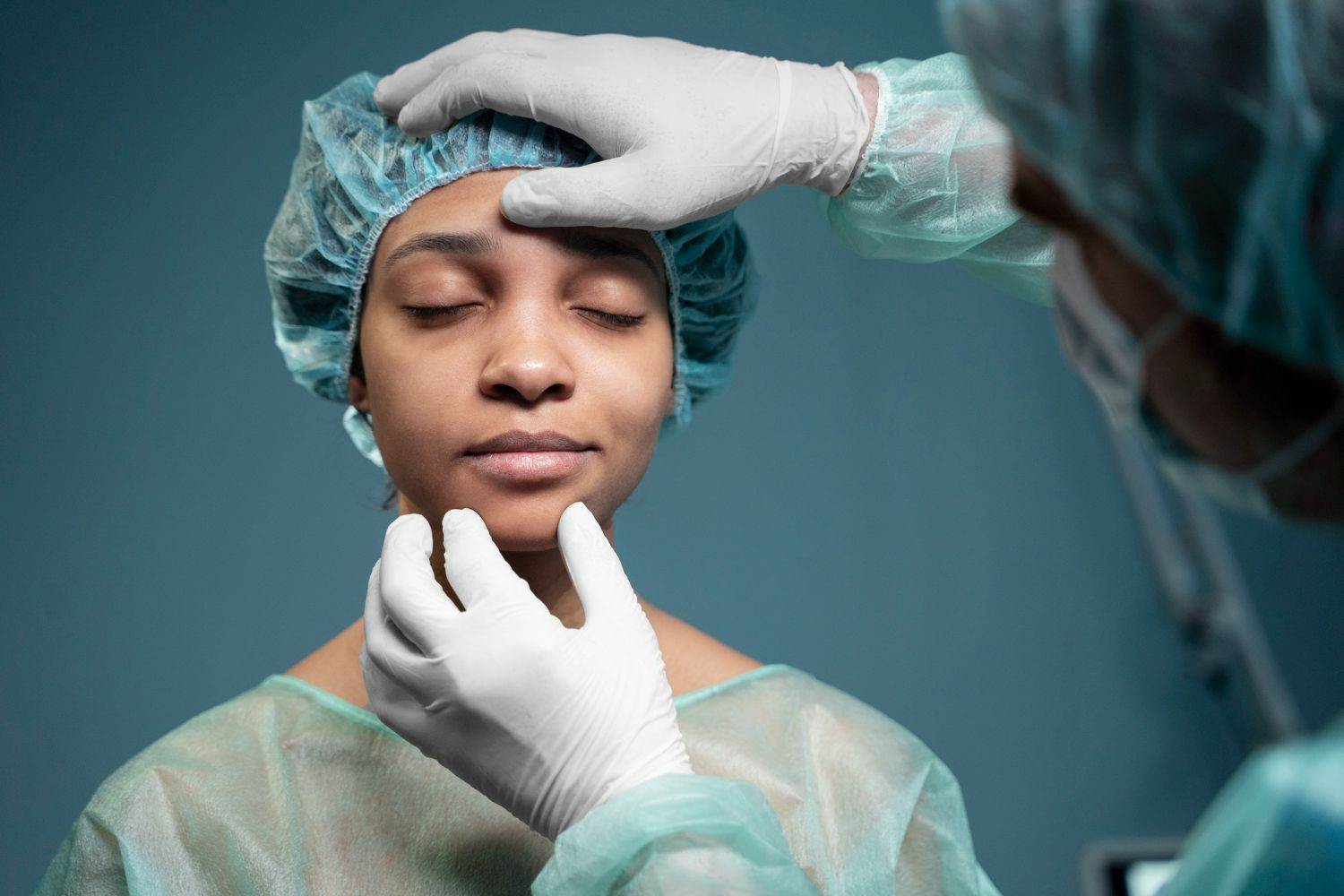 Woman in surgical gown with closed eyes, face examined by gloved hands.