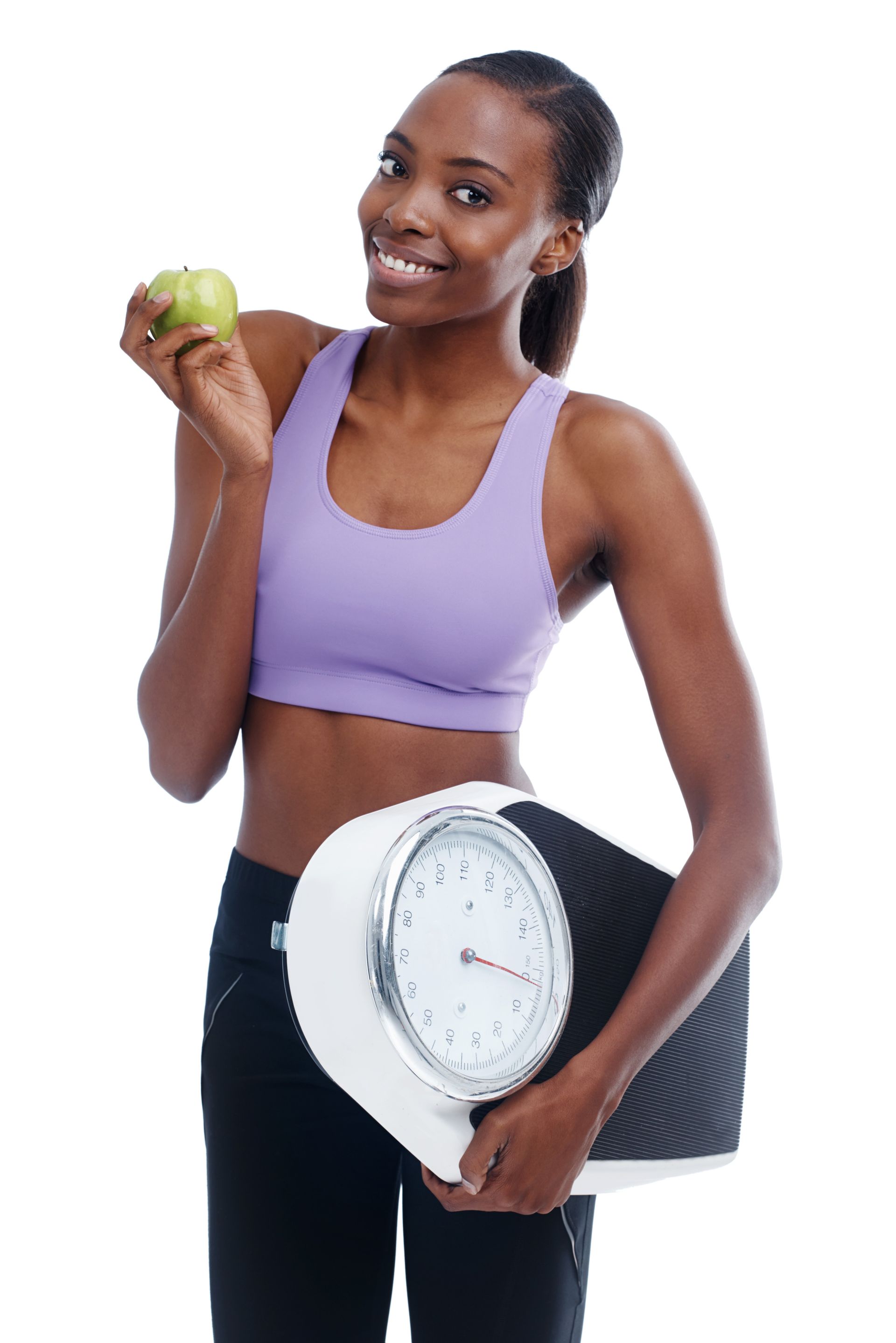 A woman is holding an apple and a scale.