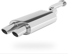 Chrome dual exhaust muffler with two tailpipes, angled side view on white background