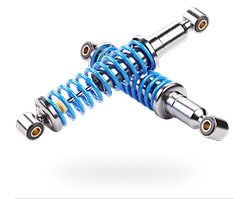 Blue coilover shock absorbers in a crossed arrangement on a white background