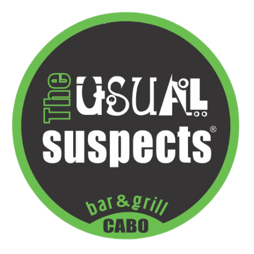 A logo for the usual suspects bar and grill cabo