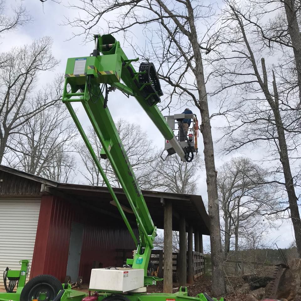 A green crane is cutting a tree in front of a house