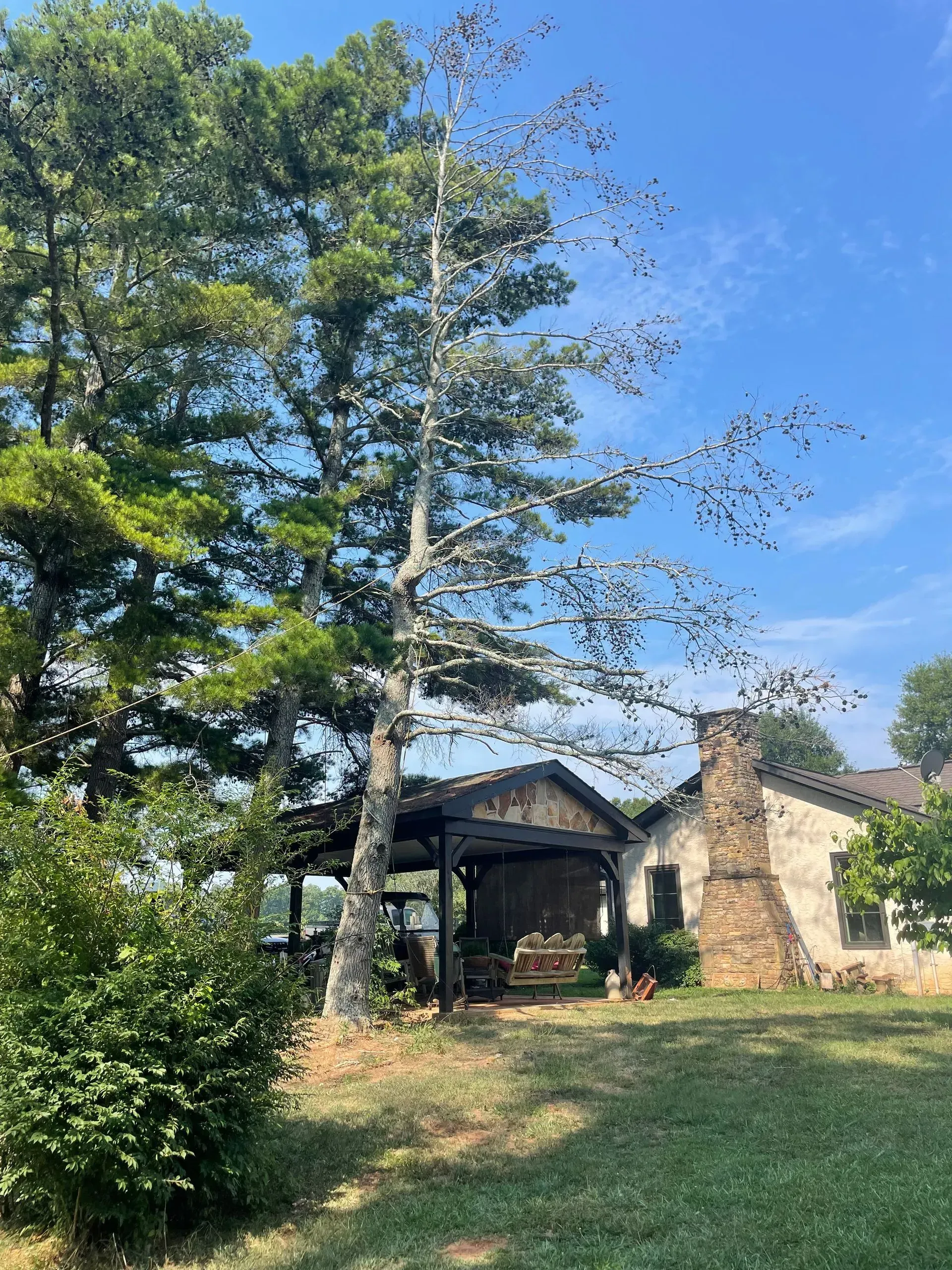 A house with a gazebo and a fireplace in the backyard surrounded by trees.