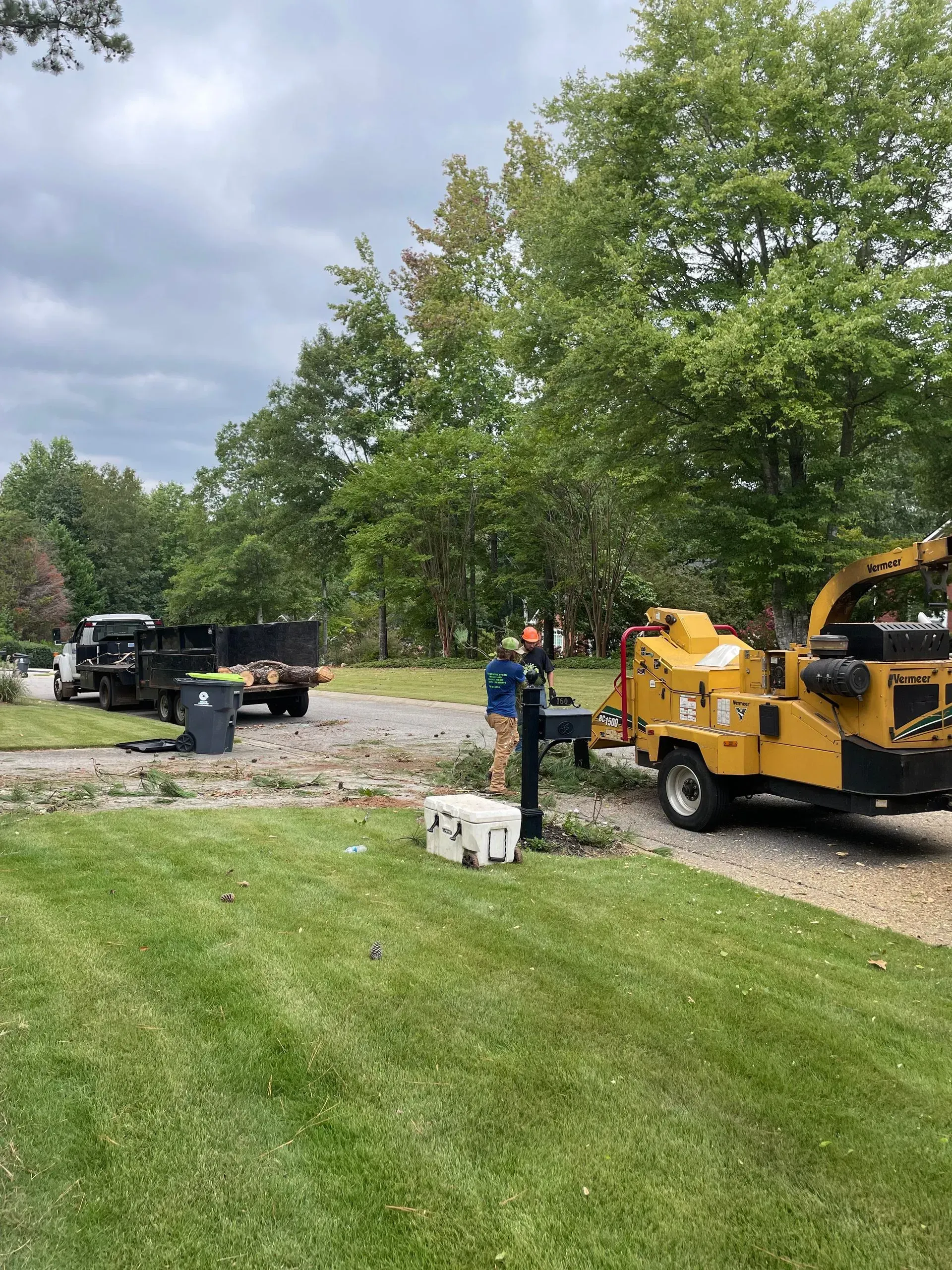 A man is standing next to a tree chipper in a driveway.