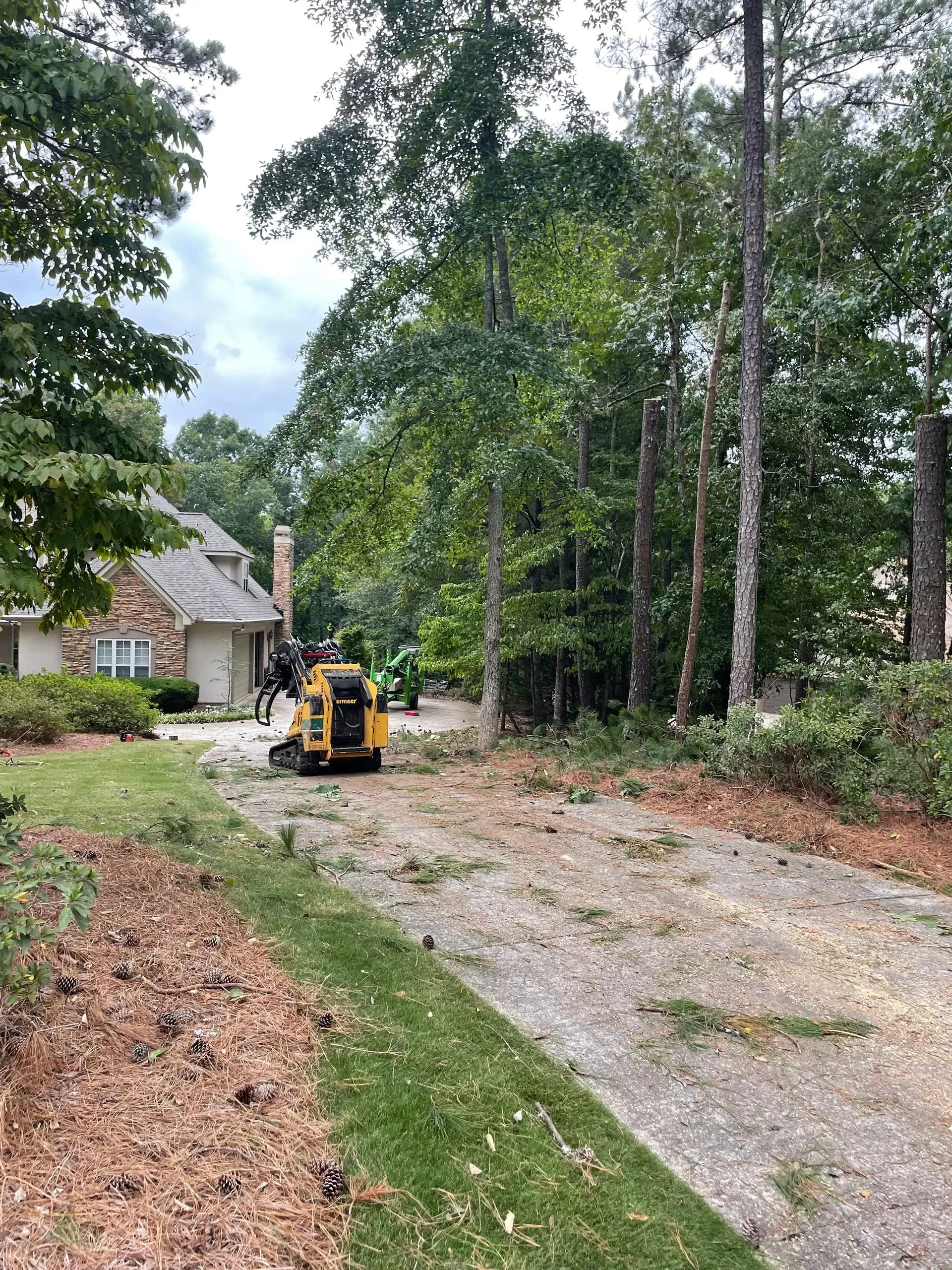 A tree stump grinder is sitting in the driveway of a house.