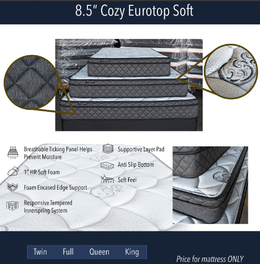 A picture of a mattress that says 8.5 cozy eurotop soft