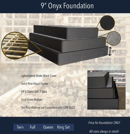 An advertisement for a 9 onyx foundation mattress