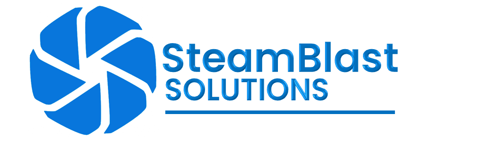 Logo of SteamBlast Solutions with a blue hexagonal graphic and text.