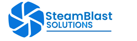 Logo of SteamBlast Solutions with a blue hexagonal graphic and text.