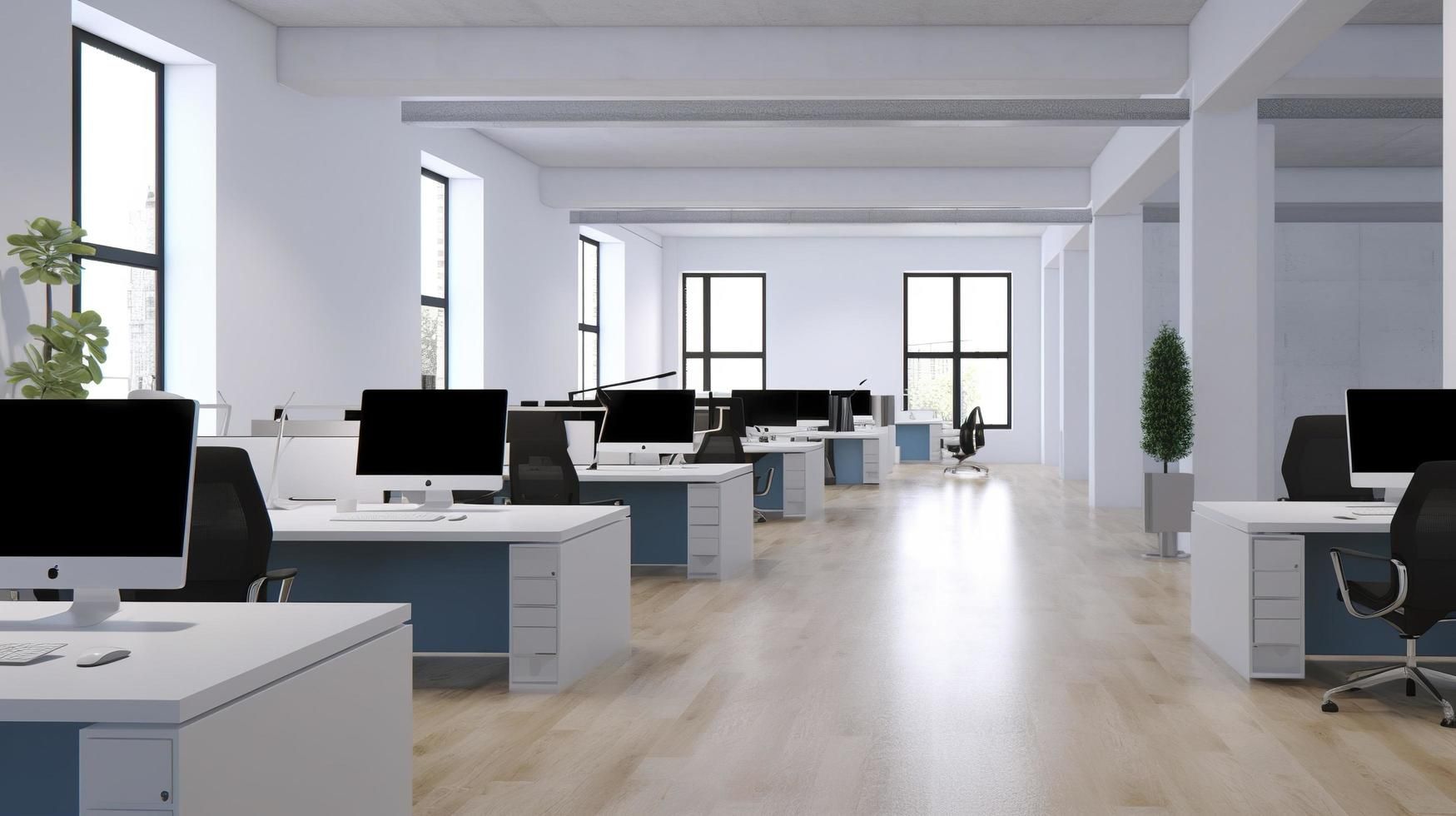Empty, modern office space with white desks, black chairs, and large windows.