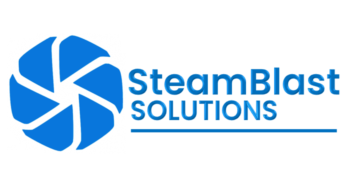 A blue logo for SteamBlast Solutions featuring an abstract, six-bladed circular icon next to the company name.