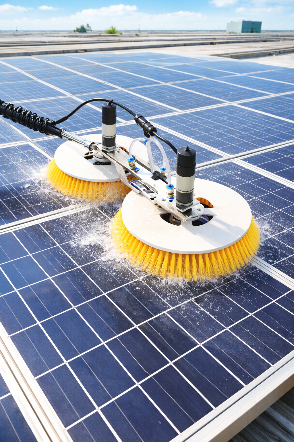 Solar panel cleaning robot with rotating brushes spraying water.